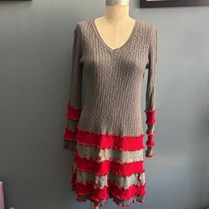 Upcycled Gray and Red Long Sleeve Sweater Dress